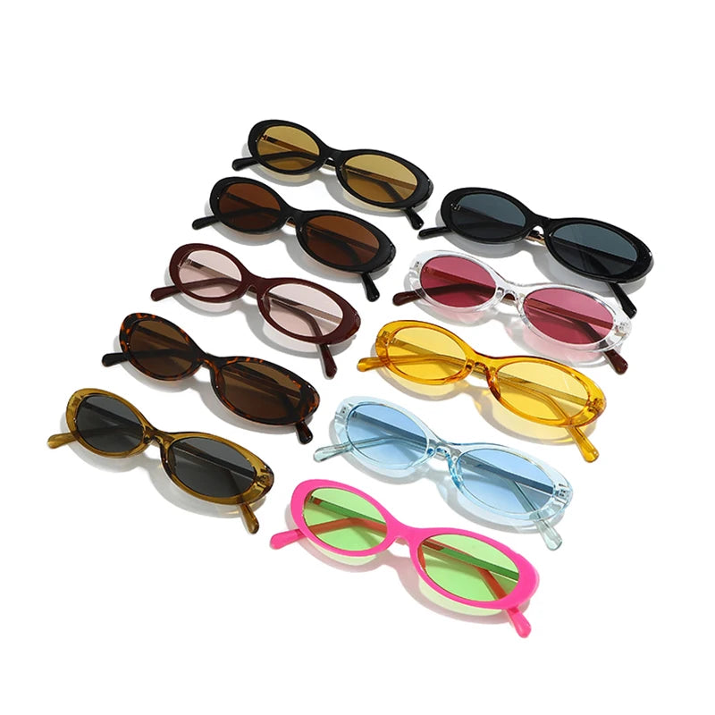 Assorted colorful oval sunglasses in various frames and lens colors