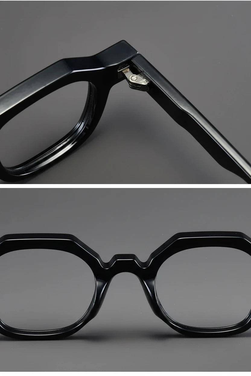 Closeup of spring hinge and polygonal front of black eyeglass frame