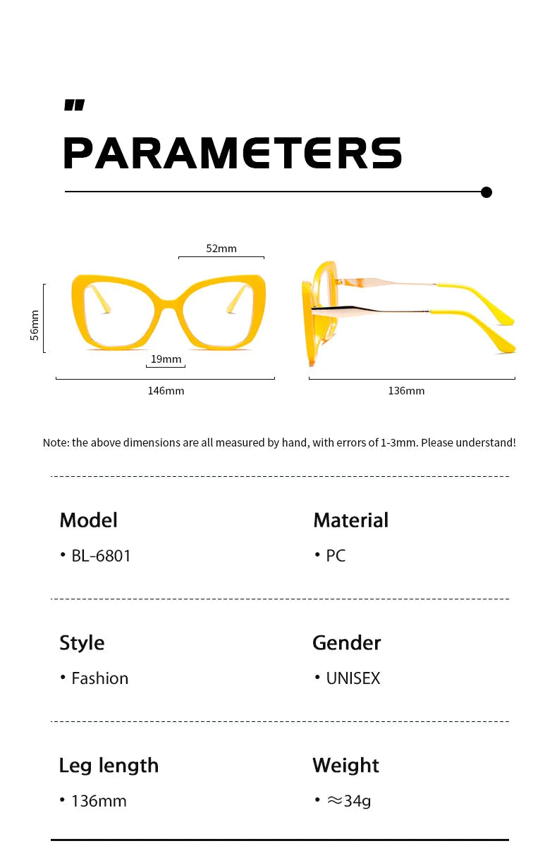 Product specifications of yellow square glasses with dimensions and materials listed
