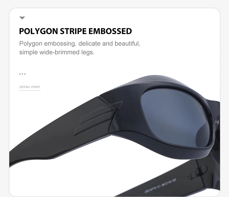 Side detail of sunglasses showing polygon stripe embossed arms