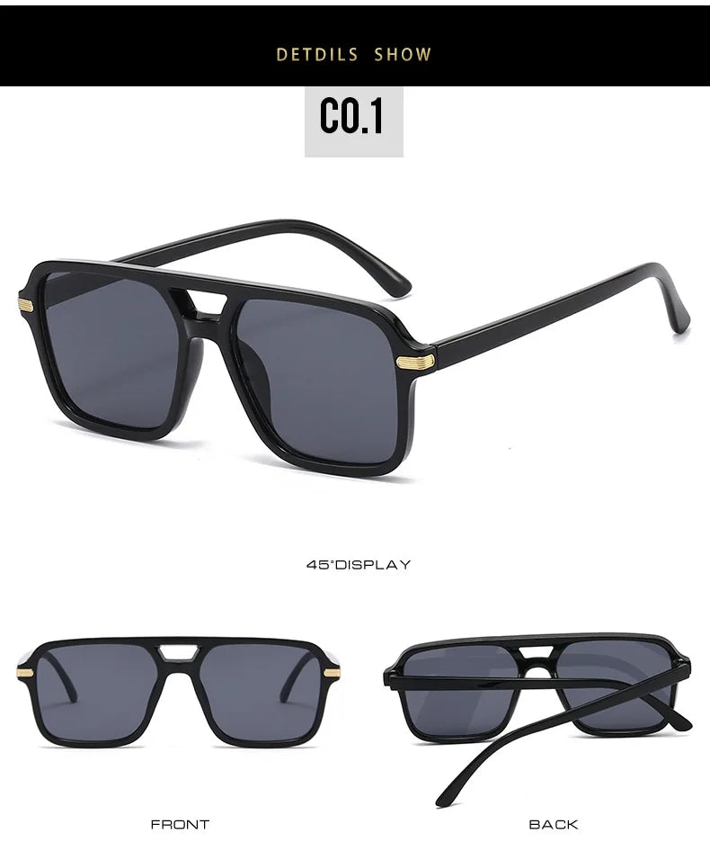 Black square sunglasses with gray lenses shown in three display angles